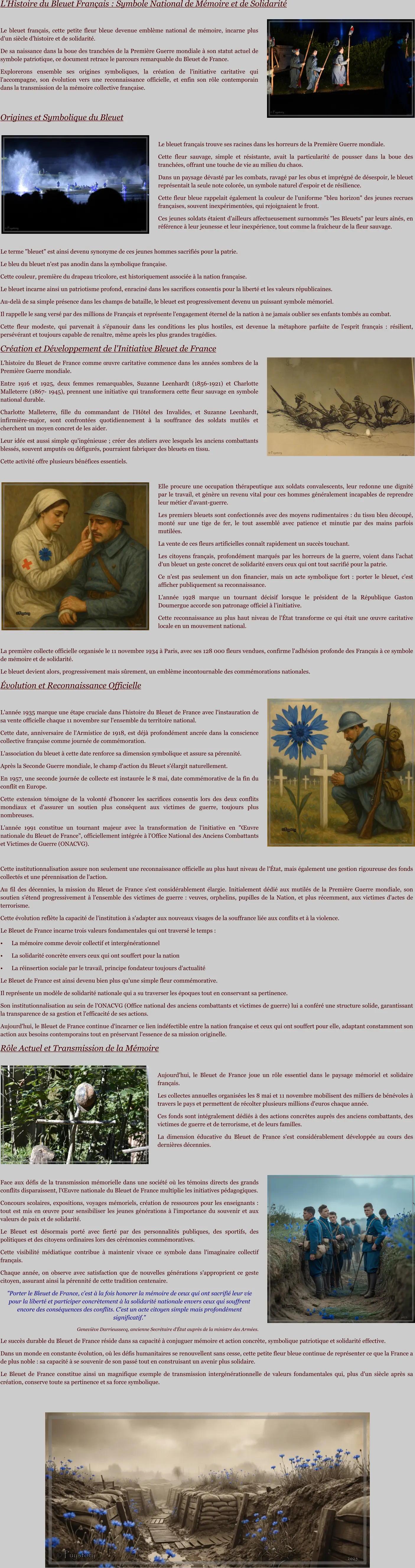 L'Histoire du Bleuet Français : Symbole National de Mémoire et de Solidarité  Le bleuet français, cette petite fleur bleue devenue emblème national de mémoire, incarne plus d'un siècle d'histoire et de solidarité.  De sa naissance dans la boue des tranchées de la Première Guerre mondiale à son statut actuel de symbole patriotique, ce document retrace le parcours remarquable du Bleuet de France.  Explorerons ensemble ses origines symboliques, la création de l'initiative caritative qui l'accompagne, son évolution vers une reconnaissance officielle, et enfin son rôle contemporain dans la transmission de la mémoire collective française.  Origines et Symbolique du Bleuet  Le bleuet français trouve ses racines dans les horreurs de la Première Guerre mondiale.  Cette fleur sauvage, simple et résistante, avait la particularité de pousser dans la boue des tranchées, offrant une touche de vie au milieu du chaos.  Dans un paysage dévasté par les combats, ravagé par les obus et imprégné de désespoir, le bleuet représentait la seule note colorée, un symbole naturel d'espoir et de résilience. Cette fleur bleue rappelait également la couleur de l'uniforme "bleu horizon" des jeunes recrues françaises, souvent inexpérimentées, qui rejoignaient le front.  Ces jeunes soldats étaient d'ailleurs affectueusement surnommés "les Bleuets" par leurs aînés, en référence à leur jeunesse et leur inexpérience, tout comme la fraîcheur de la fleur sauvage.   Le terme "bleuet" est ainsi devenu synonyme de ces jeunes hommes sacrifiés pour la patrie. Le bleu du bleuet n'est pas anodin dans la symbolique française.  Cette couleur, première du drapeau tricolore, est historiquement associée à la nation française.  Le bleuet incarne ainsi un patriotisme profond, enraciné dans les sacrifices consentis pour la liberté et les valeurs républicaines. Au-delà de sa simple présence dans les champs de bataille, le bleuet est progressivement devenu un puissant symbole mémoriel.  Il rappelle le sang versé par des millions de Français et représente l'engagement éternel de la nation à ne jamais oublier ses enfants tombés au combat.  Cette fleur modeste, qui parvenait à s'épanouir dans les conditions les plus hostiles, est devenue la métaphore parfaite de l'esprit français : résilient, persévérant et toujours capable de renaître, même après les plus grandes tragédies. Création et Développement de l'Initiative Bleuet de France L'histoire du Bleuet de France comme œuvre caritative commence dans les années sombres de la Première Guerre mondiale.  Entre 1916 et 1925, deux femmes remarquables, Suzanne Leenhardt (1856-1921) et Charlotte Malleterre (1867- 1945), prennent une initiative qui transformera cette fleur sauvage en symbole national durable.  Charlotte Malleterre, fille du commandant de l'Hôtel des Invalides, et Suzanne Leenhardt, infirmière-major, sont confrontées quotidiennement à la souffrance des soldats mutilés et cherchent un moyen concret de les aider. Leur idée est aussi simple qu'ingénieuse ; créer des ateliers avec lesquels les anciens combattants blessés, souvent amputés ou défigurés, pourraient fabriquer des bleuets en tissu.  Cette activité offre plusieurs bénéfices essentiels.  Elle procure une occupation thérapeutique aux soldats convalescents, leur redonne une dignité par le travail, et génère un revenu vital pour ces hommes généralement incapables de reprendre leur métier d'avant-guerre.  Les premiers bleuets sont confectionnés avec des moyens rudimentaires : du tissu bleu découpé, monté sur une tige de fer, le tout assemblé avec patience et minutie par des mains parfois mutilées. La vente de ces fleurs artificielles connaît rapidement un succès touchant.  Les citoyens français, profondément marqués par les horreurs de la guerre, voient dans l'achat d'un bleuet un geste concret de solidarité envers ceux qui ont tout sacrifié pour la patrie.  Ce n'est pas seulement un don financier, mais un acte symbolique fort : porter le bleuet, c'est afficher publiquement sa reconnaissance. L'année 1928 marque un tournant décisif lorsque le président de la République Gaston Doumergue accorde son patronage officiel à l'initiative.  Cette reconnaissance au plus haut niveau de l'État transforme ce qui était une œuvre caritative locale en un mouvement national.   La première collecte officielle organisée le 11 novembre 1934 à Paris, avec ses 128 000 fleurs vendues, confirme l'adhésion profonde des Français à ce symbole de mémoire et de solidarité.  Le bleuet devient alors, progressivement mais sûrement, un emblème incontournable des commémorations nationales. Évolution et Reconnaissance Officielle  L'année 1935 marque une étape cruciale dans l'histoire du Bleuet de France avec l'instauration de sa vente officielle chaque 11 novembre sur l'ensemble du territoire national.  Cette date, anniversaire de l'Armistice de 1918, est déjà profondément ancrée dans la conscience collective française comme journée de commémoration.  L'association du bleuet à cette date renforce sa dimension symbolique et assure sa pérennité. Après la Seconde Guerre mondiale, le champ d'action du Bleuet s'élargit naturellement.  En 1957, une seconde journée de collecte est instaurée le 8 mai, date commémorative de la fin du conflit en Europe.  Cette extension témoigne de la volonté d'honorer les sacrifices consentis lors des deux conflits mondiaux et d'assurer un soutien plus conséquent aux victimes de guerre, toujours plus nombreuses. L'année 1991 constitue un tournant majeur avec la transformation de l'initiative en "Œuvre nationale du Bleuet de France", officiellement intégrée à l'Office National des Anciens Combattants et Victimes de Guerre (ONACVG).   Cette institutionnalisation assure non seulement une reconnaissance officielle au plus haut niveau de l'État, mais également une gestion rigoureuse des fonds collectés et une pérennisation de l'action. Au fil des décennies, la mission du Bleuet de France s'est considérablement élargie. Initialement dédié aux mutilés de la Première Guerre mondiale, son soutien s'étend progressivement à l'ensemble des victimes de guerre : veuves, orphelins, pupilles de la Nation, et plus récemment, aux victimes d'actes de terrorisme.  Cette évolution reflète la capacité de l'institution à s'adapter aux nouveaux visages de la souffrance liée aux conflits et à la violence. Le Bleuet de France incarne trois valeurs fondamentales qui ont traversé le temps : •	La mémoire comme devoir collectif et intergénérationnel •	La solidarité concrète envers ceux qui ont souffert pour la nation •	La réinsertion sociale par le travail, principe fondateur toujours d'actualité Le Bleuet de France est ainsi devenu bien plus qu'une simple fleur commémorative.  Il représente un modèle de solidarité nationale qui a su traverser les époques tout en conservant sa pertinence.  Son institutionnalisation au sein de l'ONACVG (Office national des anciens combattants et victimes de guerre) lui a conféré une structure solide, garantissant la transparence de sa gestion et l'efficacité de ses actions.  Aujourd'hui, le Bleuet de France continue d'incarner ce lien indéfectible entre la nation française et ceux qui ont souffert pour elle, adaptant constamment son action aux besoins contemporains tout en préservant l'essence de sa mission originelle. Rôle Actuel et Transmission de la Mémoire  Aujourd'hui, le Bleuet de France joue un rôle essentiel dans le paysage mémoriel et solidaire français.  Les collectes annuelles organisées les 8 mai et 11 novembre mobilisent des milliers de bénévoles à travers le pays et permettent de récolter plusieurs millions d'euros chaque année.  Ces fonds sont intégralement dédiés à des actions concrètes auprès des anciens combattants, des victimes de guerre et de terrorisme, et de leurs familles. La dimension éducative du Bleuet de France s'est considérablement développée au cours des dernières décennies.    Face aux défis de la transmission mémorielle dans une société où les témoins directs des grands conflits disparaissent, l'Œuvre nationale du Bleuet de France multiplie les initiatives pédagogiques.  Concours scolaires, expositions, voyages mémoriels, création de ressources pour les enseignants : tout est mis en œuvre pour sensibiliser les jeunes générations à l'importance du souvenir et aux valeurs de paix et de solidarité. Le Bleuet est désormais porté avec fierté par des personnalités publiques, des sportifs, des politiques et des citoyens ordinaires lors des cérémonies commémoratives.  Cette visibilité médiatique contribue à maintenir vivace ce symbole dans l'imaginaire collectif français.  Chaque année, on observe avec satisfaction que de nouvelles générations s'approprient ce geste citoyen, assurant ainsi la pérennité de cette tradition centenaire. "Porter le Bleuet de France, c'est à la fois honorer la mémoire de ceux qui ont sacrifié leur vie pour la liberté et participer concrètement à la solidarité nationale envers ceux qui souffrent encore des conséquences des conflits. C'est un acte citoyen simple mais profondément significatif." Geneviève Darrieussecq, ancienne Secrétaire d'État auprès de la ministre des Armées. Le succès durable du Bleuet de France réside dans sa capacité à conjuguer mémoire et action concrète, symbolique patriotique et solidarité effective.  Dans un monde en constante évolution, où les défis humanitaires se renouvellent sans cesse, cette petite fleur bleue continue de représenter ce que la France a de plus noble : sa capacité à se souvenir de son passé tout en construisant un avenir plus solidaire.  Le Bleuet de France constitue ainsi un magnifique exemple de transmission intergénérationnelle de valeurs fondamentales qui, plus d'un siècle après sa création, conserve toute sa pertinence et sa force symbolique.