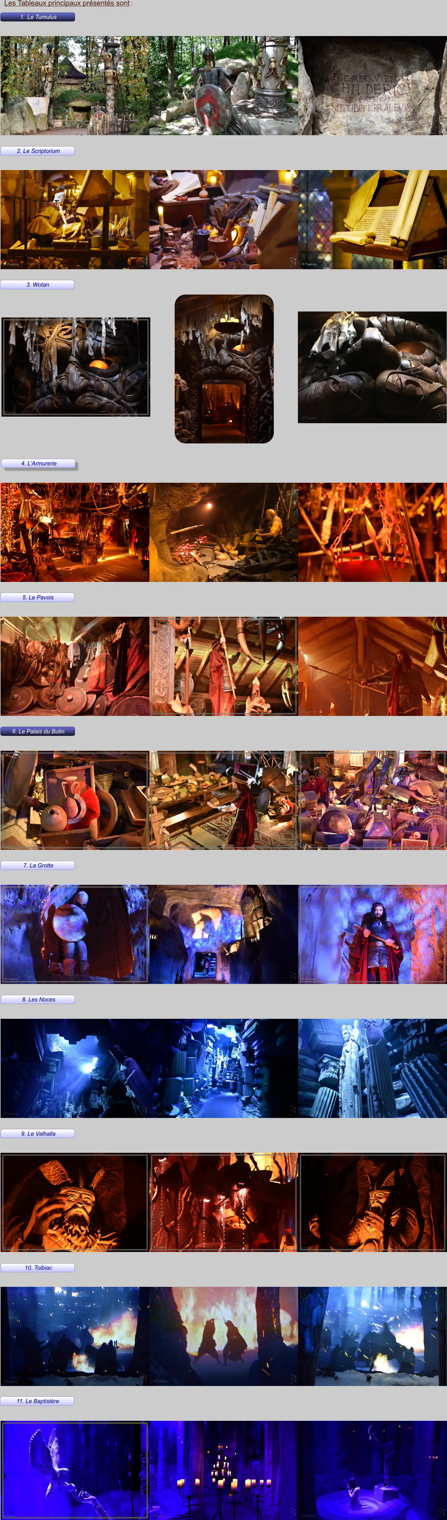 	1.	Le Tumulus Les Tableaux principaux présentés sont : 2. Le Scriptorium 3. Wotan 4. L’Armurerie 5. Le Pavois 6. Le Palais du Butin 7. La Grotte 8. Les Noces 9. Le Valhalla 10. Tolbiac 11. Le Baptistère 	1.	Le Tumulus 6. Le Palais du Butin